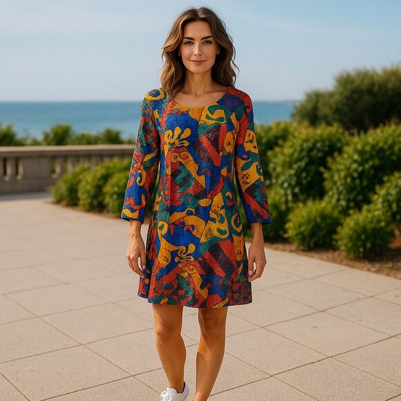 VTG 70s/80s Sequin Party Dress Women's S Colorful Midi Sheath Lined Zip Close - Picture 1 of 10